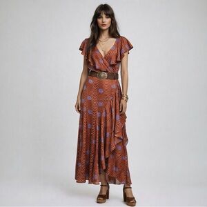 Anthropologie Dress S Brown Blue Floral Ruffle Sleeve Printed‎ Wrap Maxi Boho